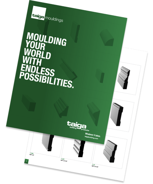 Green Taiga brochure with "Moulding Your World With Endless Possibilities" text. Showcases various molding designs, conveying creativity and versatility.