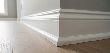 Elegant white baseboards with intricate molding detail line a corner, contrasting with light, polished hardwood floors. Sunlight softly illuminates the area.