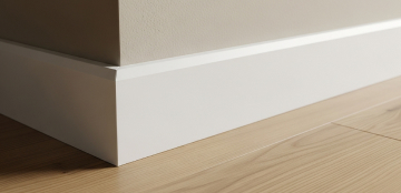 Close-up of a white baseboard against a beige wall and light wood floor, conveying a clean, modern interior design with simple elegance.